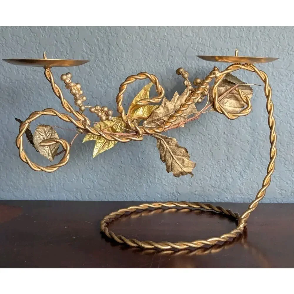 Vtg Hollywood Regency Gold Tole Metal Floral Candle Holder Centerpiece Mantel